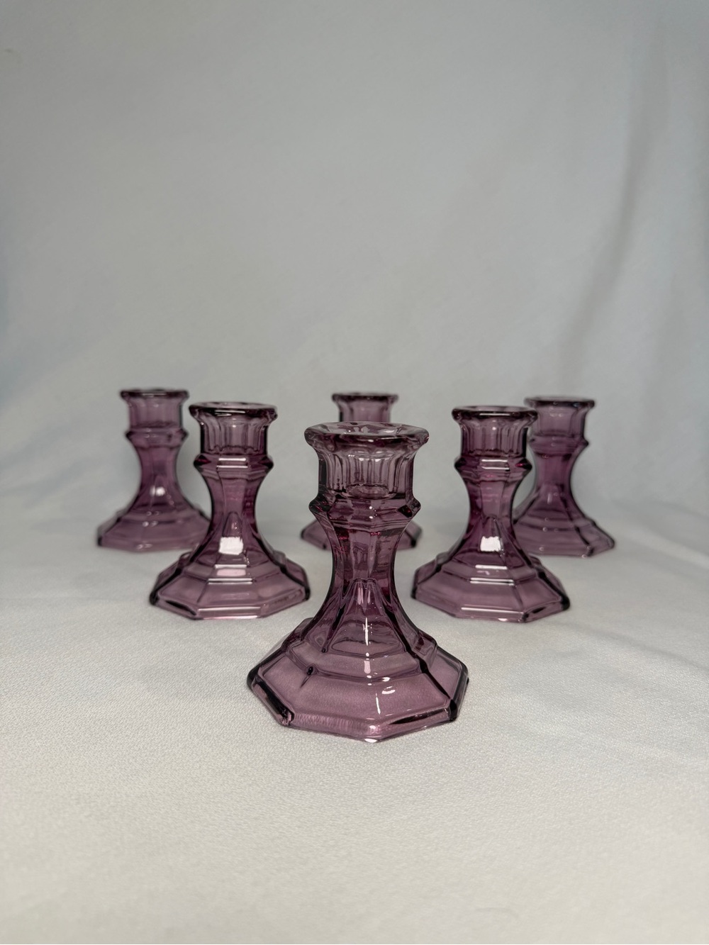 Set of 6 Purple Amethyst Glass Candlestick Holders Octagonal Taper Candle Decor